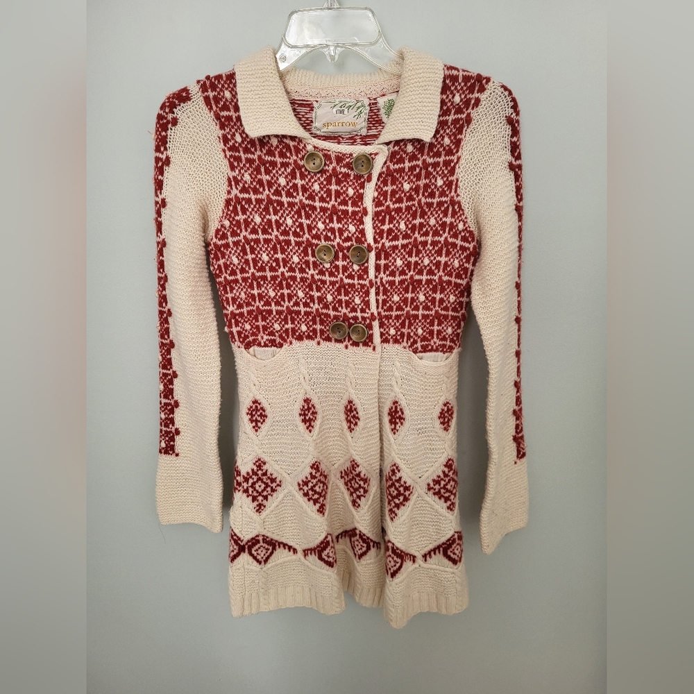 Anthropologie Sparrow Lantern Mile Sweater Long Cardigan Patteren Rare Red Small